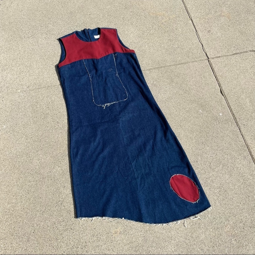 Delfina Balda‎ blue denim raw hem asymmetrical cute sleeveless midi dress